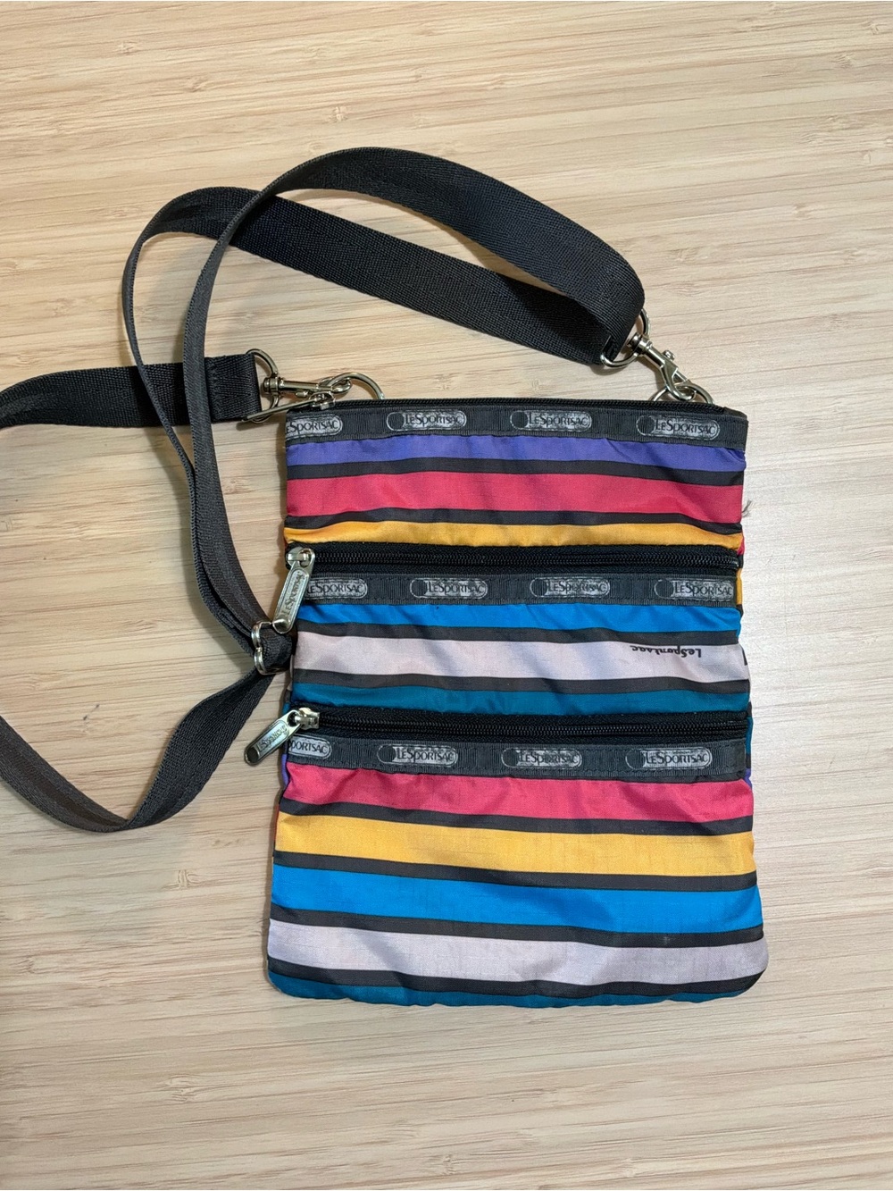 Lesportsac Multicolor Striped Nylon Crossbody Bag with Black Strap